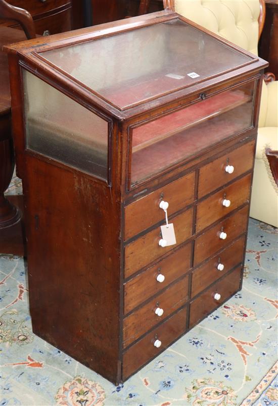 A small Victorian mahogany ten drawer shop display cabinet, with hinged slant front W.68cm
